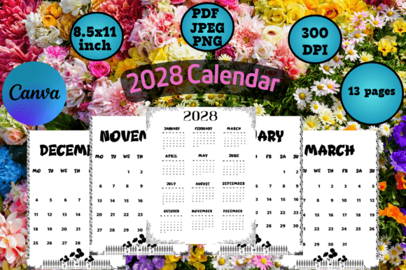 Download 2028 Calendar Template with Flower Frame - 2028 Collection
