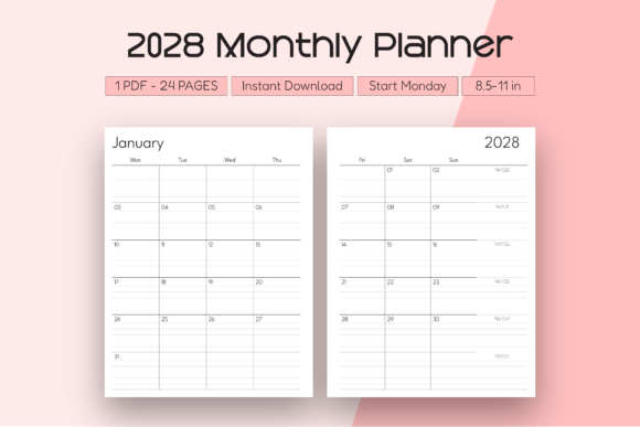 Download 2028 Monthly Planner (Start Monday) - 2028 Collection
