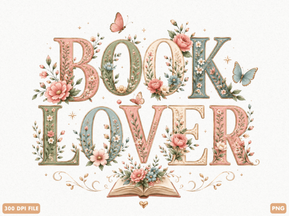Download Book Lover Floral Typography PNG - Love Collection